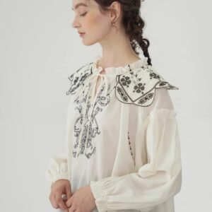 Premium Cream Heavy Embroidered Peter Pan Collar Oversized Blouse | OEM Custom