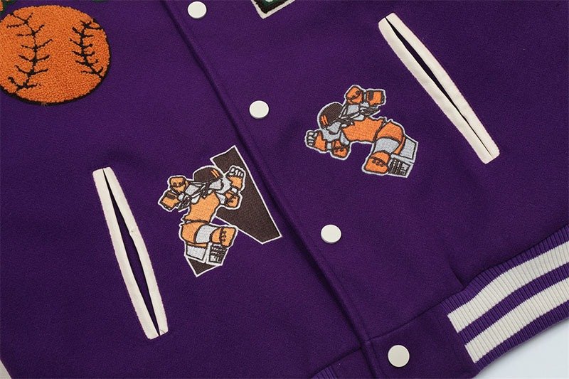 Premium Purple Graphic Print Varsity Jacket | OEM Custom - Image 3