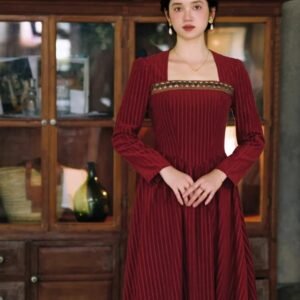 Premium Burgundy Corduroy Vintage Midi Dress | OEM Custom