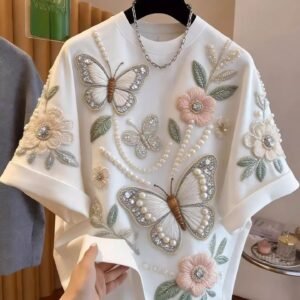 Premium White Heavy Butterfly Embroidered Pearl Oversized T-Shirt | OEM Custom