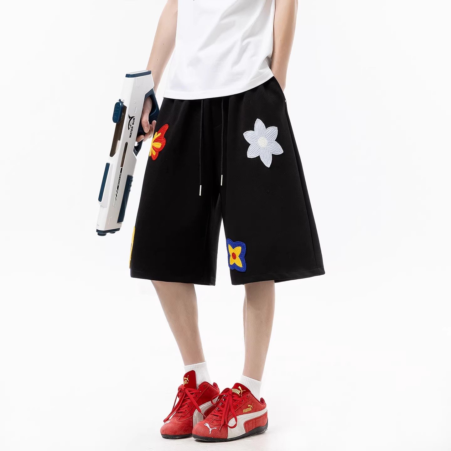 Premium Colorful Flower Towel Embroidery Oversized Sweat Shorts | OEM Custom
