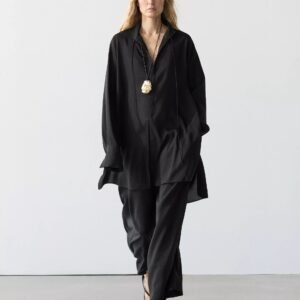 Premium Black Stand Collar Tie Front Oversized Tunic Shirt | OEM Custom
