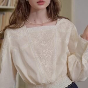 Premium Cream Heavy Embroidered Square Neck Puff Sleeve Blouse | OEM Custom