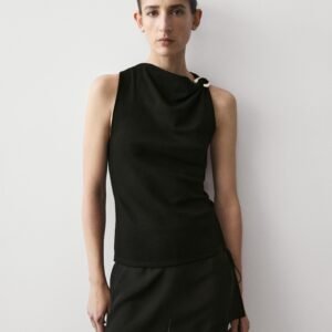 Premium Black Draped Neck Sleeveless Top with Metal Ring | OEM Custom