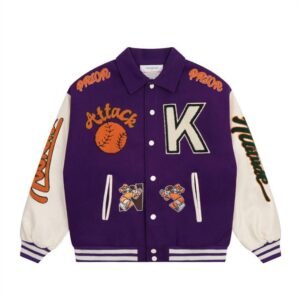 Premium Purple Graphic Print Varsity Jacket | OEM Custom