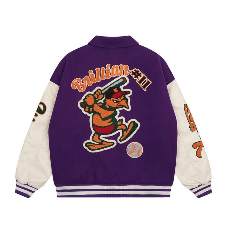 Premium Purple Graphic Print Varsity Jacket | OEM Custom - Image 2