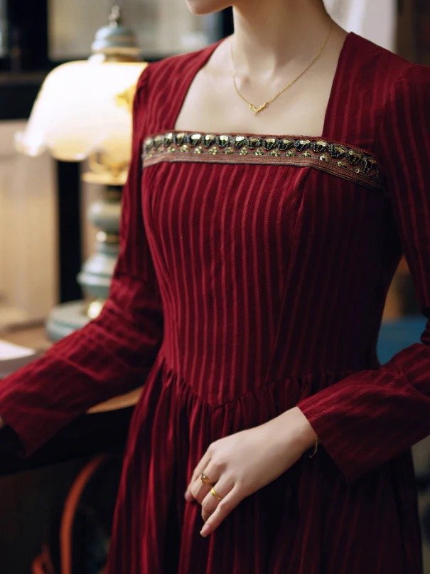 Premium Burgundy Corduroy Vintage Midi Dress | OEM Custom - Image 2