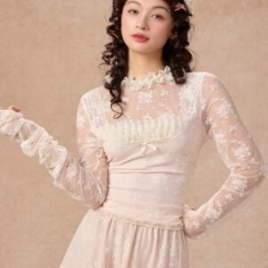 Premium French Vintage Lace Mesh Long Sleeve Maxi Dress | OEM Custom