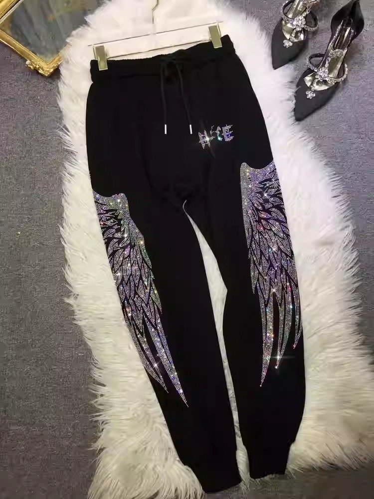 Premium Iridescent Rhinestone Wing Design Drawstring Joggers | OEM Custom - Image 2
