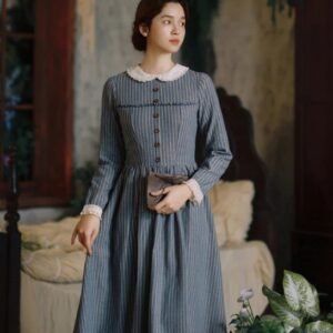 Premium Blue Striped Vintage Peter Pan Collar Maxi Dress | OEM Custom
