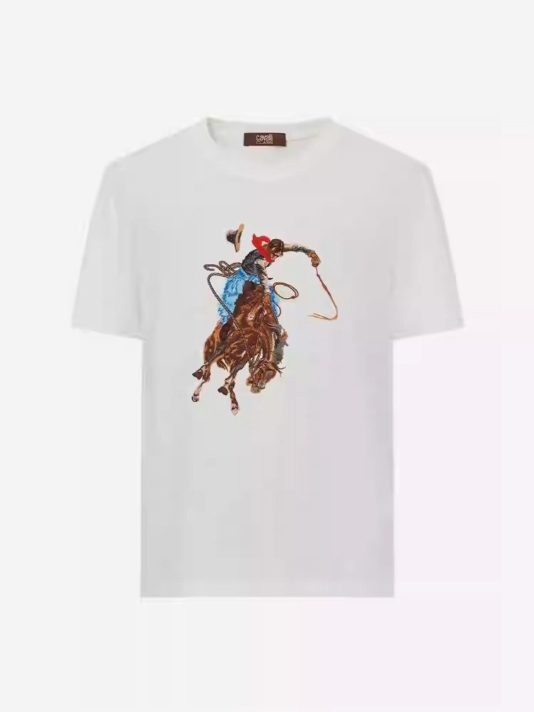 Premium White Cowboy Embroidered Short Sleeve T-Shirt | OEM Custom