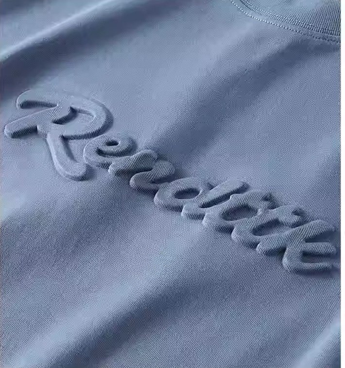 Premium Misty Blue 3D Embossed Letter Oversized T-Shirt | OEM Custom - Image 2