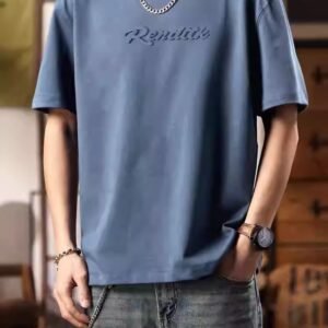 Premium Misty Blue 3D Embossed Letter Oversized T-Shirt | OEM Custom