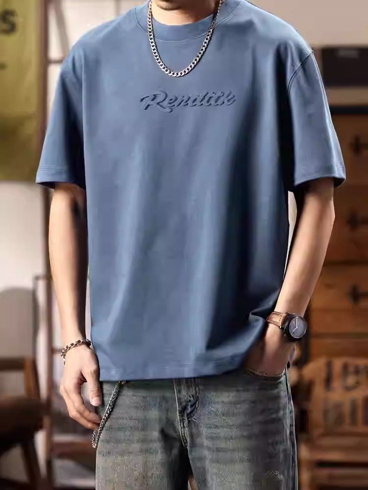 Premium Misty Blue 3D Embossed Letter Oversized T-Shirt | OEM Custom