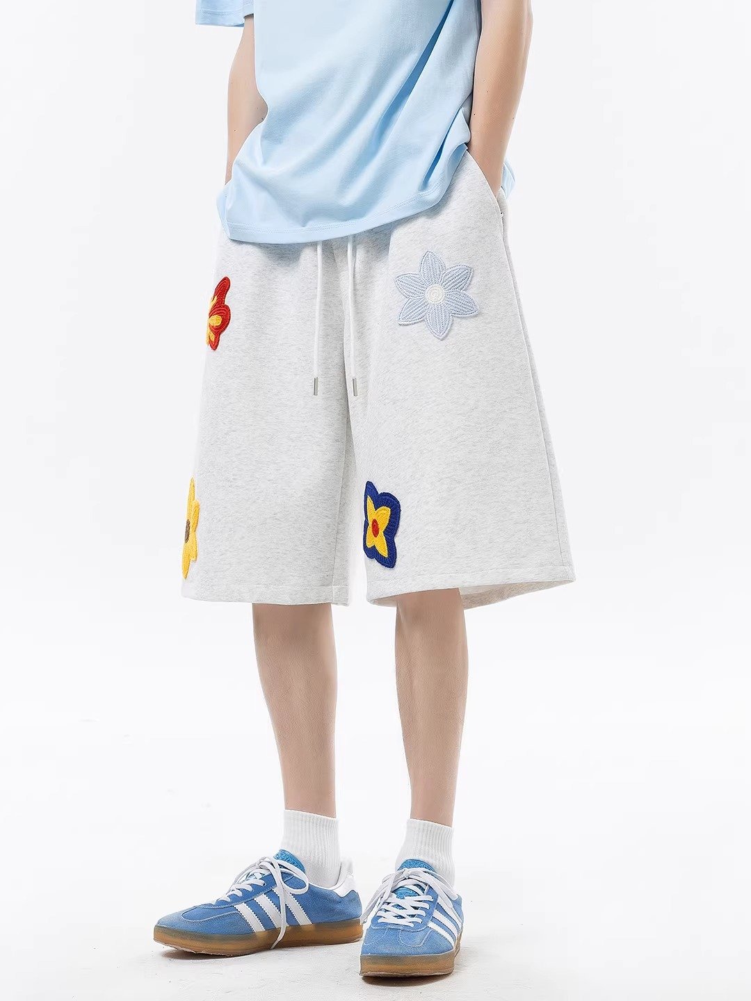 Premium Colorful Flower Towel Embroidery Oversized Sweat Shorts | OEM Custom - Image 2
