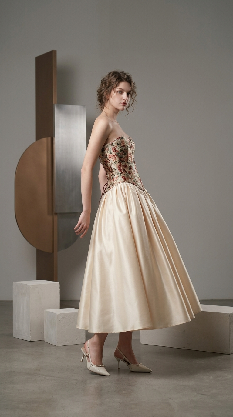 Premium Vintage Print Strapless Corset Midi Dress | OEM Custom - Image 3
