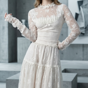 Premium French Vintage Lace Mesh Long Sleeve Maxi Dress | OEM Custom