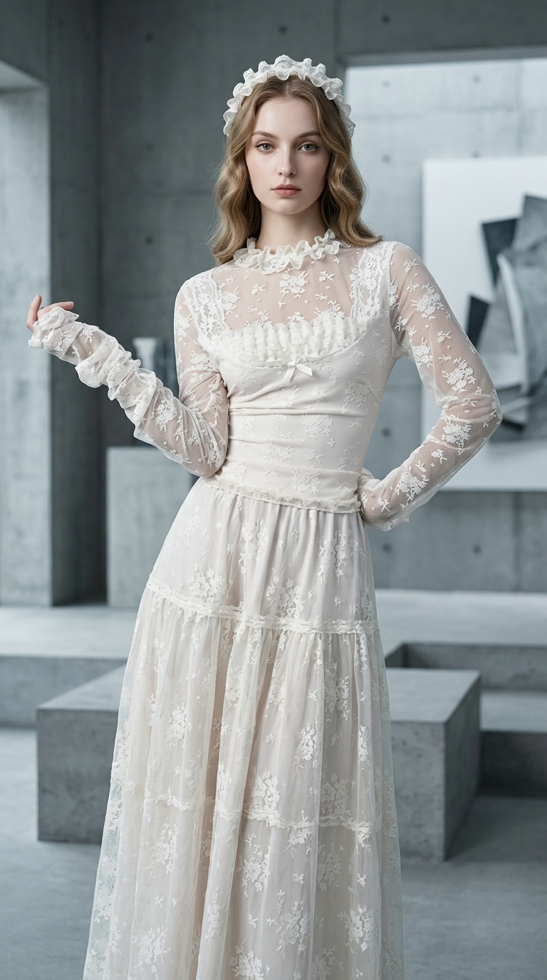 Premium French Vintage Lace Mesh Long Sleeve Maxi Dress | OEM Custom