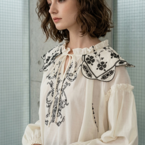 Premium Cream Heavy Embroidered Peter Pan Collar Oversized Blouse | OEM Custom