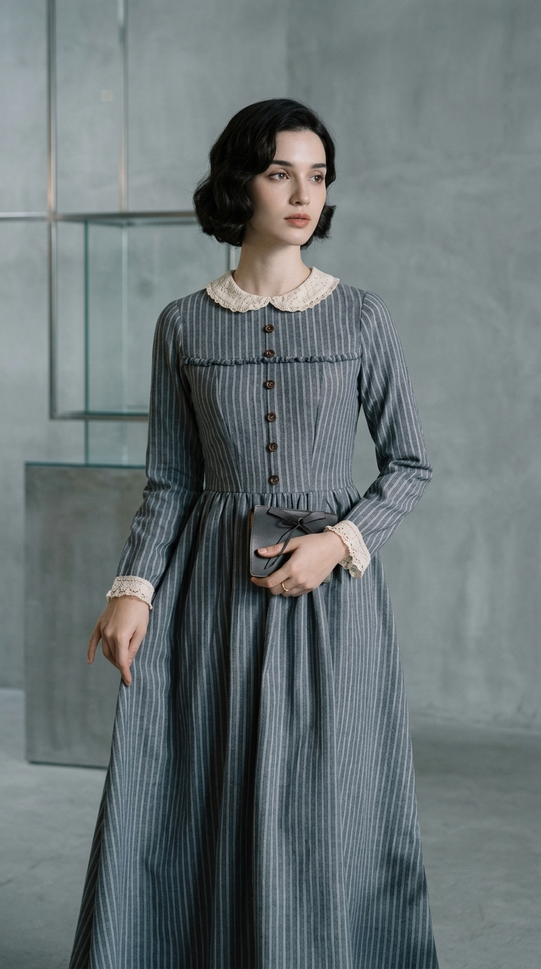 Custom casual dresses with lace collar and striped pattern for OEM ODM manufacturing