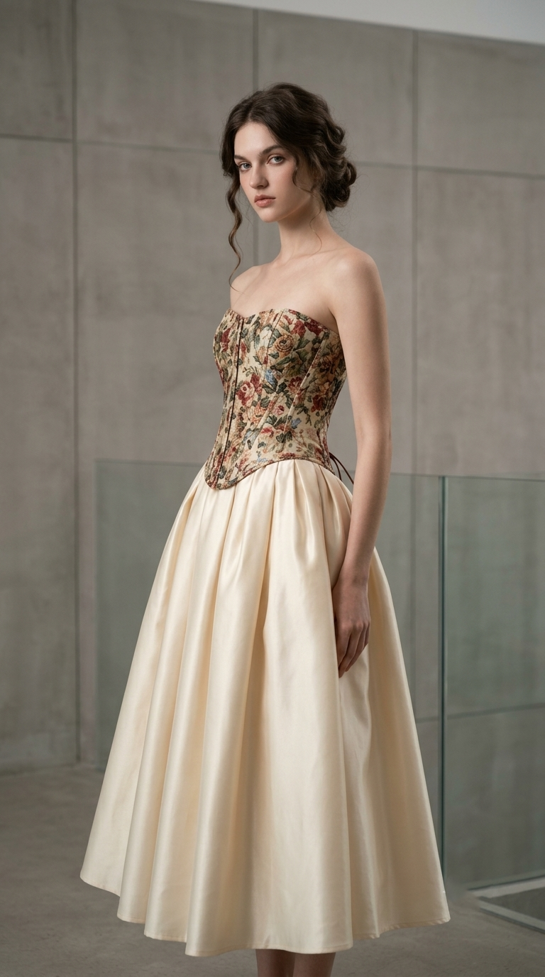 Premium Vintage Print Strapless Corset Midi Dress | OEM Custom
