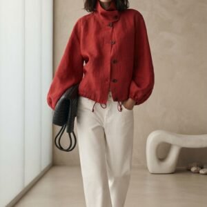 Custom women's red linen outerwear jackets and casual zip jackets for OEM ODM manufacturing