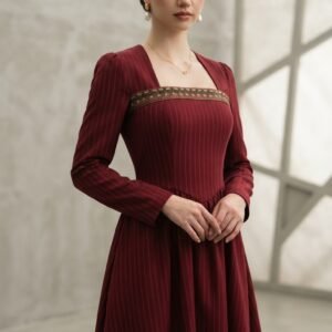 Premium Burgundy Corduroy Vintage Midi Dress | OEM Custom