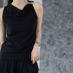Premium Black Draped Neck Sleeveless Top with Metal Ring | OEM Custom