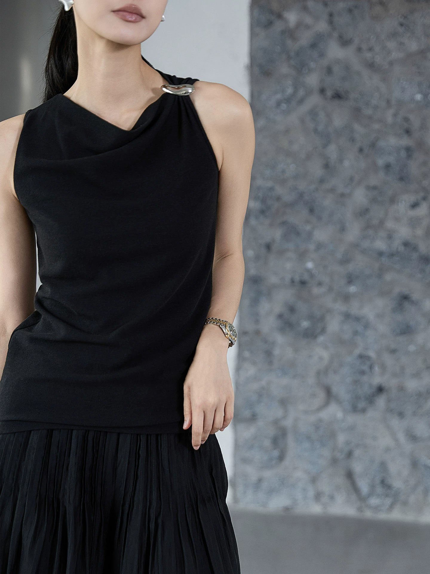Premium Black Draped Neck Sleeveless Top with Metal Ring | OEM Custom