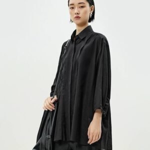 Premium Black Stand Collar Tie Front Oversized Tunic Shirt | OEM Custom