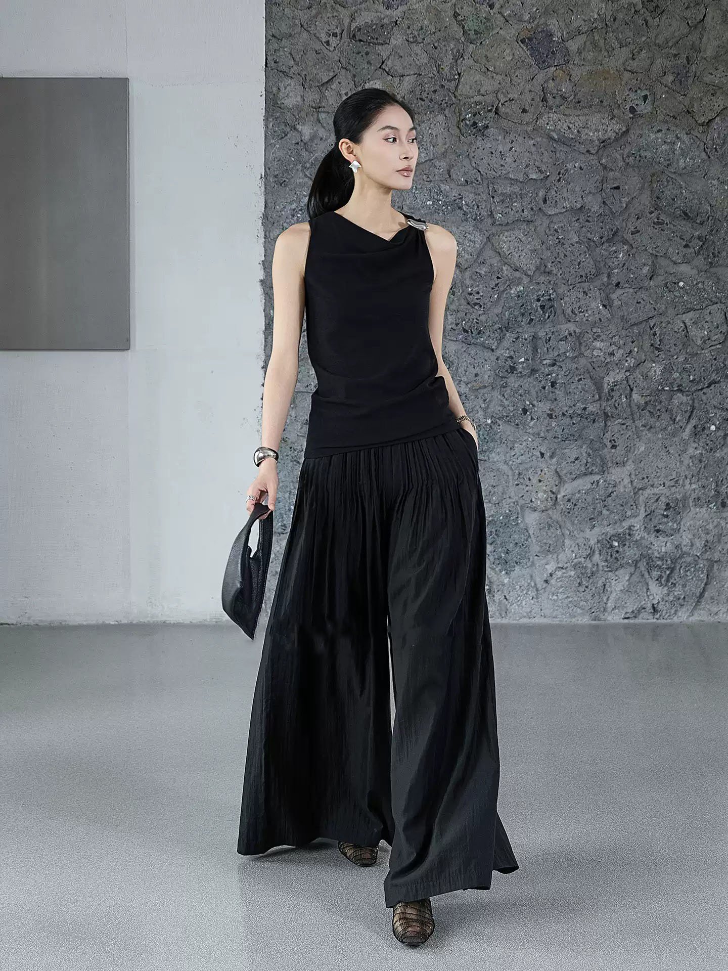 Premium Black Draped Neck Sleeveless Top with Metal Ring | OEM Custom - Image 4