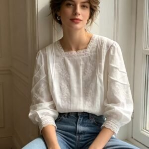 Premium Cream Heavy Embroidered Square Neck Puff Sleeve Blouse | OEM Custom